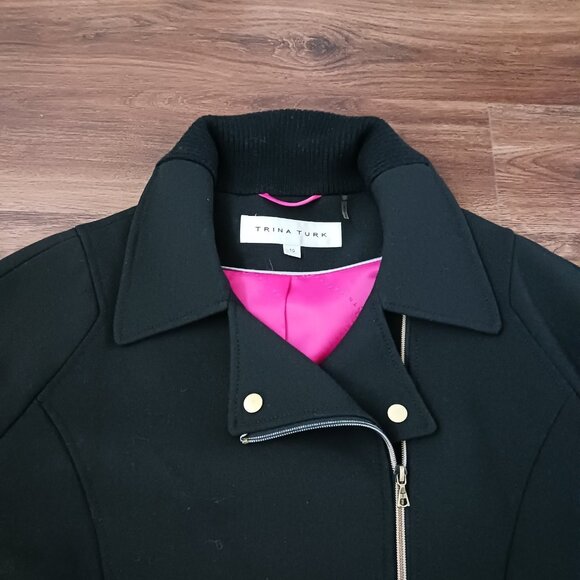 Trina Turk Zipper Black Wool Blend Winter Coat Jacket Size 10 Pink Lining - Picture 2 of 5